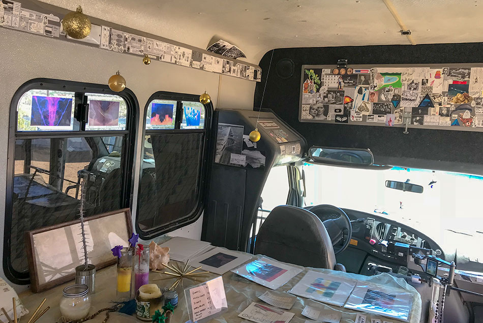 Interior of Dream Wanderer bus in Landers, CA